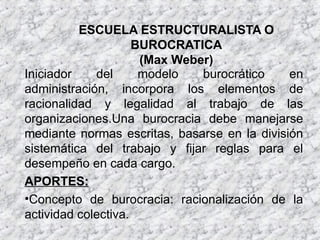 ESCUELA ESTRUCTURALISTA O
BUROCRATICA
(Max Weber)
Iniciador del modelo burocrático en
administración, incorpora los elementos de
racionalidad y legalidad al trabajo de las
organizaciones.Una burocracia debe manejarse
mediante normas escritas, basarse en la división
sistemática del trabajo y fijar reglas para el
desempeño en cada cargo.
APORTES:
•Concepto de burocracia: racionalización de la
actividad colectiva.
 