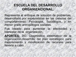 ESCUELA DEL DESARROLLO
ORGANIZACIONAL.
Representa el enfoque de solución de problemas,
desarrollado por especialistas en las ciencias del
comportamiento: Psicólogos, Sociólogos, y en
menor grado antropólogos sociales.
Fue ideado para aumentar la efectividad y
bienestar de la organización.
APORTES: DO. Diagnóstico sistemático de la
organización,desarrollo del plan estratégico para
mejoramiento y movilización de recursos para
llevarlo a cabo.
 