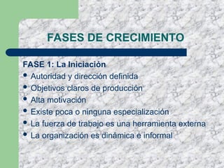 FASES DE CRECIMIENTO
FASE 1: La Iniciación
 Autoridad y dirección definida
 Objetivos claros de producción
 Alta motivación
 Existe poca o ninguna especialización
 La fuerza de trabajo es una herramienta externa
 La organización es dinámica e informal
 