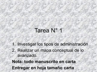 Tarea N° 1
1. Investigar los tipos de administración
2. Realizar un mapa conceptual de lo
avanzado.
Nota: todo manuscrito en carta
Entregar en hoja tamaño carta
 