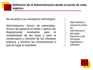 Definición de la Administración desde el punto de vista
objetivo
De acuerdo a su concepción etimológica:
Administración: Acción de administrar.
Acción del gobierno al dictar y aplicar las
disposiciones necesarias para el
cumplimiento de las leyes y para la
conservación y fomento de los intereses
públicos, y resolver las reclamaciones a
que de lugar lo mandado.
Esta definición
incluye los actos
de
administración
del poder
Ejecutivo y las
funciones
legislativas y
judiciales
 