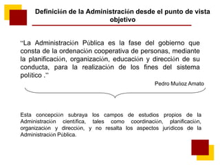 “La Administración Pública es la fase del gobierno que
consta de la ordenación cooperativa de personas, mediante
la planificación, organización, educación y dirección de su
conducta, para la realización de los fines del sistema
político .”
Pedro Muñoz Amato
Definición de la Administración desde el punto de vista
objetivo
Esta concepción subraya los campos propios de la
de estudios
coordinación,
Administración científica,
organización y dirección,
tales como
y no resalta
planificación,
los aspectos jurídicos de la
Administración Pública.
 