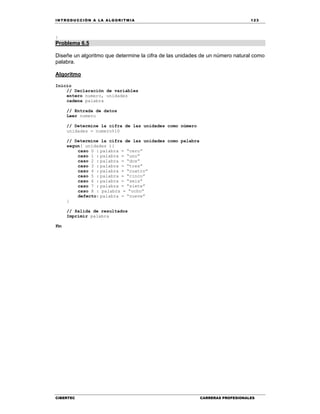 IN TRODU CCIÓN A LA ALGORITMIA 123
CIBERTEC CARRERAS PROFESIONALES
}
Problema 6.5
Diseñe un algoritmo que determine la cifra de las unidades de un número natural como
palabra.
Algoritmo
Inicio
// Declaración de variables
entero numero, unidades
cadena palabra
// Entrada de datos
Leer numero
// Determine la cifra de las unidades como número
unidades = numero%10
// Determine la cifra de las unidades como palabra
segun( unidades ){
caso 0 : palabra = “cero”
caso 1 : palabra = “uno”
caso 2 : palabra = “dos”
caso 3 : palabra = “tres”
caso 4 : palabra = “cuatro”
caso 5 : palabra = “cinco”
caso 6 : palabra = “seis”
caso 7 : palabra = “siete”
caso 8 : palabra = “ocho”
defecto: palabra = “nueve”
}
// Salida de resultados
Imprimir palabra
Fin
 