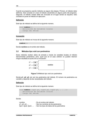 132
CARRERAS PROFESIONALES CIBERTEC
Cuando se programa usando métodos se siguen dos etapas. Primero, el método debe
definirse. Esto consiste en crear el método ubicándolo en alguna parte del programa.
Segundo, el método creado debe ser invocado en el lugar donde se requiera. Esto
consiste en poner el método en ejecución.
Definición
Este tipo de método se define de la siguiente manera:
void nombre(){
Declaración de variables locales
Cuerpo del método
}
Invocación
Este tipo de método se invoca de la siguiente manera:
nombre();
Donde nombre es el nombre del método.
3.2 Métodos tipo void con parámetros
Estos métodos reciben datos de entrada a través de variables locales al método
denominadas parámetros; pero, igual que en el caso anterior no pueden retornar
ningún resultado al punto de su invocación.
Figura 7.4 Método tipo void con parámetros
Donde p1, p2, p3, etc son los parámetros del método. El número de parámetros es
variable y depende de las necesidades del método.
Definición
Este tipo de método se define de la siguiente manera:
void nombre( tipo1 p1, tipo2 p2, tipo3 p3, . . . ){
Declaración de variables locales
Cuerpo del método
}
Donde:
nombre : Es el nombre del método
p1, p2, p3, ... : Son los nombres de los parámetros
tipo1, tipo2, tipo3, … : Son los tipos de datos de los parámetros
 