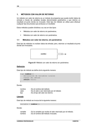 158
CARRERAS PROFESIONALES CIBERTEC
1. MÉTODOS CON VALOR DE RETORNO
Un método con valor de retorno es un módulo de programa que puede recibir datos de
entrada a través de variables locales denominadas parámetros y que retorna un
resultado al punto donde es invocado. Este tipo de método se utiliza para efectuar
cualquier tipo de proceso que produzca un resultado
Estos métodos pueden dividirse a su vez en dos tipos:
 Métodos con valor de retorno sin parámetros.
 Métodos con valor de retorno con parámetros.
1.1 Métodos con valor de retorno, sin parámetros
Este tipo de métodos no reciben datos de entrada; pero, retornan un resultado al punto
donde son invocados.
Figura 8.1 Método con valor de retorno sin parámetros
Definición
Este tipo de método se define de la siguiente manera:
tipo nombre(){
Declaración de variables locales
Cuerpo del método
return valor;
}
Donde:
nombre : Es el nombre del método
valor : Es el valor a ser retornado por el método
tipo : Es el tipo del valor de retorno.
Llamada
Este tipo de método se invoca de la siguiente manera::
variable = nombre();
Donde:
variable : Es la variable que recibe el valor retornado por el método.
nombre : Es el nombre del método invocado.
 