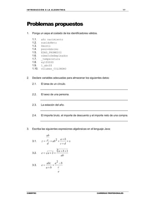 IN TRODU CCIÓN A LA ALGORITMIA 17
CIBERTEC CARRERAS PROFESIONALES
Problemas propuestos
1. Ponga un aspa al costado de los identificadores válidos.
1.1. año nacimiento
1.2. sueldoNeto
1.3. $monto
1.4. peso-máximo
1.5. EDAD_PROMEDIO
1.6. númeroDeEmpleados
1.7. _temperatura
1.8. xy1$$$$$
1.9. 1_abc$$
1.10. volumen_CILINDRO
2. Declare variables adecuadas para almacenar los siguientes datos:
2.1. El área de un círculo.
____________________________________________________________
2.2. El sexo de una persona.
____________________________________________________________
2.3. La estación del año.
____________________________________________________________
2.4. El importe bruto, el importe de descuento y el importe neto de una compra.
____________________________________________________________
3. Escriba las siguientes expresiones algebraicas en el lenguaje Java:
3.1. x
dc
ba
ab
d
c
ab
z 


 2
3.2.
ab
ba
ae
3 1
2


3.3.
e
c
ba
ba
abc
e




2
 
