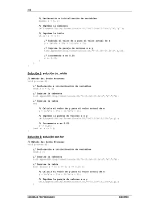 214
CARRERAS PROFESIONALES CIBERTEC
// Declaración e inicialización de variables
double x = 0, y;
// Imprime la cabecera
txtS.append(String.format(Locale.US,"%-15.2s%-15.2sn","x","y"));
// Imprime la tabla
while( x <= 5 ){
// Calcula el valor de y para el valor actual de x
y = (x*x*x + 3*x + 1)/(x*x + 2);
// Imprime la pareja de valores x e y
txtS.append(String.format(Locale.US,"%-15.2f%-15.2fn",x,y));
// Incrementa x en 0.25
x += 0.25;
}
}
}
Solución 2: solución do...while
// Método del botón Procesar
void procesar(){
// Declaración e inicialización de variables
double x = 0, y;
// Imprime la cabecera
txtS.append(String.format(Locale.US,"%-15.2s%-15.2sn","x","y"));
// Imprime la tabla
do{
// Calcula el valor de y para el valor actual de x
y = (x*x*x + 3*x + 1)/(x*x + 2);
// Imprime la pareja de valores x e y
txtS.append(String.format(Locale.US,"%-15.2f%-15.2fn",x,y));
// Incrementa x en 0.25
x += 0.25;
}while( x <= 5 );
}
Solución 3: solución con for
// Método del botón Procesar
void procesar(){
// Declaración e inicialización de variables
double y;
// Imprime la cabecera
txtS.append(String.format(Locale.US,"%-15.2s%-15.2sn","x","y"));
// Imprime la tabla
for( double x = 0; x <= 5; x += 0.25 ){
// Calcula el valor de y para el valor actual de x
y = (x*x*x + 3*x + 1)/(x*x + 2);
// Imprime la pareja de valores x e y
txtS.append(String.format(Locale.US,"%-15.2f%-15.2fn",x,y));
}
 