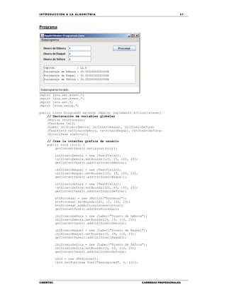 IN TRODU CCIÓN A LA ALGORITMIA 31
CIBERTEC CARRERAS PROFESIONALES
Programa
import java.awt.event.*;
import java.awt.event.*;
import java.awt.*;
import javax.swing.*;
public class Programa4 extends JApplet implements ActionListener{
// Declaración de variables globales
JButton btnProcesar;
JTextArea txtS;
JLabel lblDineroDebora, lblDineroRaquel, lblDineroSefora;
JTextField txtDineroDebora, txtDineroRaquel, txtDineroSefora;
JScrollPane scpScroll;
// Crea la interfaz gráfica de usuario
public void init() {
getContentPane().setLayout(null);
txtDineroDebora = new JTextField();
txtDineroDebora.setBounds(125, 15, 100, 23);
getContentPane().add(txtDineroDebora);
txtDineroRaquel = new JTextField();
txtDineroRaquel.setBounds(125, 39, 100, 23);
getContentPane().add(txtDineroRaquel);
txtDineroSefora = new JTextField();
txtDineroSefora.setBounds(125, 63, 100, 23);
getContentPane().add(txtDineroSefora);
btnProcesar = new JButton("Procesar");
btnProcesar.setBounds(321, 15, 100, 23);
btnProcesar.addActionListener(this);
getContentPane().add(btnProcesar);
lblDineroDebora = new JLabel("Dinero de Débora");
lblDineroDebora.setBounds(15, 15, 110, 23);
getContentPane().add(lblDineroDebora);
lblDineroRaquel = new JLabel("Dinero de Raquel");
lblDineroRaquel.setBounds(15, 39, 110, 23);
getContentPane().add(lblDineroRaquel);
lblDineroSefora = new JLabel("Dinero de Séfora");
lblDineroSefora.setBounds(15, 63, 110, 23);
getContentPane().add(lblDineroSefora);
txtS = new JTextArea();
txtS.setFont(new Font("monospaced", 0, 12));
 