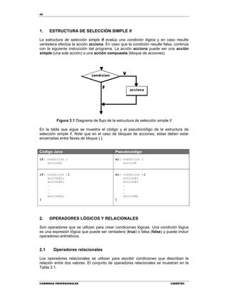 42
CARRERAS PROFESIONALES CIBERTEC
1. ESTRUCTURA DE SELECCIÓN SIMPLE if
La estructura de selección simple if evalúa una condición lógica y en caso resulte
verdadera efectúa la acción acciona. En caso que la condición resulte falsa, continúa
con la siguiente instrucción del programa. La acción acciona puede ser una acción
simple (una sola acción) o una acción compuesta (bloque de acciones).
Figura 3.1 Diagrama de flujo de la estructura de selección simple if
En la tabla que sigue se muestra el código y el pseudocódigo de la estructura de
selección simple if. Note que en el caso de bloques de acciones, estas deben estar
encerradas entre llaves de bloque { }.
Código Java Pseudocódigo
if( condicion )
accionA;
si( condicion )
accionA
if( condicion ){
acciónA1;
acciónA2;
.
.
.
accionAn;
}
si( condicion ){
accionA1
accionA2
.
.
.
accionAn
}
2. OPERADORES LÓGICOS Y RELACIONALES
Son operadores que se utilizan para crear condiciones lógicas. Una condición lógica
es una expresión lógica que puede ser verdadera (true) o falsa (false) y puede incluir
operadores aritméticos.
2.1 Operadores relacionales
Los operadores relacionales se utilizan para escribir condiciones que describan la
relación entre dos valores. El conjunto de operadores relacionales se muestran en la
Tabla 3.1.
 