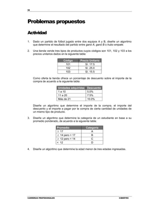 56
CARRERAS PROFESIONALES CIBERTEC
Problemas propuestos
Actividad
1. Dado un partido de fútbol jugado entre dos equipos A y B, diseñe un algoritmo
que determine el resultado del partido entre ganó A, ganó B o hubo empate.
2. Una tienda vende tres tipos de productos cuyos códigos son 101, 102 y 103 a los
precios unitarios dados en la siguiente tabla:
Código Precio Unitario
101 S/. 17.5
102 S/. 25.0
103 S/. 15.5
Como oferta la tienda ofrece un porcentaje de descuento sobre el importe de la
compra de acuerdo a la siguiente tabla:
Unidades adquiridas Descuento
1 a 10 5.0%
11 a 20 7.5%
Más de 21 10.0%
Diseñe un algoritmo que determine el importe de la compra, el importe del
descuento y el importe a pagar por la compra de cierta cantidad de unidades de
un mismo tipo de producto.
3. Diseñe un algoritmo que determine la categoría de un estudiante en base a su
promedio ponderado, de acuerdo a la siguiente tabla:
Promedio Categoría
 17 A
 14 pero < 17 B
 12 pero < 14 C
< 12 D
4. Diseñe un algoritmo que determine la edad menor de tres edades ingresadas.
 