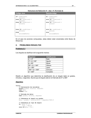 IN TRODU CCIÓN A LA ALGORITMIA 87
CIBERTEC CARRERAS PROFESIONALES
Estructura de Selección if – else –if (Formato 2)
Código Java Pseudocódigo
if( condicion1)
accion1;
else if( condicion2 )
accion2;
else if( condicion3 )
accion3;
.
.
.
else if( condicionn )
accionn;
else
acciondefecto;
si( condicion1)
accion1
sino si( condicion2 )
accion2
sino si( condicion3 )
accion3
.
.
.
sino si( condicionn )
accionn
sino
acciondefecto
En el caso de acciones compuestas, estas deben estar encerradas entre llaves de
bloque { }.
2. PROBLEMAS RESUELTOS
Problema 5.1
Los ángulos se clasifican de la siguiente manera:
Magnitud Clasificación
β = 0º Nulo
0º < β < 90º Agudo
β = 90º Recto
90º < β < 180º Obtuso
β = 180º Llano
180º < β < 360º Cóncavo
β = 360º Completo
Diseñe un algoritmo que determine la clasificación de un ángulo dado en grados,
minutos y segundos. Asuma que el ángulo está en el intervalo de 0º a 360º.
Algoritmo
Inicio
// Declaración de variables
entero grados, minutos, segundos
real beta
cadena tipo
// Entrada de datos
Leer grados, minutos, segundos
// Determina el ángulo en grados
beta = grados + minutos/60.0 + segundos/3600.0
// Determina el tipo de ángulo
si( beta == 0 )
tipo = "Nulo"
sino si(beta < 90 )
 