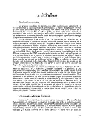 106
Capítulo XI
LA HUELLA GENETICA
Consideraciones generales
Las pruebas genéticas de identificación están revolucionando actualmente la
medicina forense, el sistema judicial y la crimi-nalística. El método de tipificación del DNA
(ó ADN, ácido desoxirribonucleico) desarrollado hace varios años por el profesor de la
Universidad de Leicester, Alec J. Jeffreys (1983), se basa en la misma metodología
desarrollada para estudiar las patologías hereditarias, identificando los genes causantes
de enfermedades en familias portadoras de un trastorno congénito y prediciendo el riesgo
que puede correr el individuo de portarlo.
Comparativamente a la eficiencia de los marcadores de proteínas, en la
identificación forense la tipificación del DNA posee dos ventajas: puede utilizarse en el
análisis de muestras pequeñas y antiguas, y su nivel de certeza de probabilidad es triple a
cuádruple que la anterior (Neufeld y Colman, 1991). Para determinar si dos muestras de
DNA poseen el mismo origen, se examinan las regiones variables de los pares de bases
del DNA. Estas regiones pueden segmentarse mediante enzimas de restricción y se les
denomina RFLP (Restriction Fragment Length Polymorphism-s). Para la identificación del
DNA se requiere que los RFLP sean altamente variables, es decir, polimórficos, con un
gran número de variantes o locus en la población. Algunas regiones del DNA humano
contienen secuencias centrales que se repiten variablemen-te en cada individuo y por
tanto, cuando las enzimas de restric-ción cortan el DNA en millones de piezas, así
también varía la longitud de los fragmentos. Mediante la introducción de sondas que se
enlazan solamente con los fragmentos que portan la secuen-cia central se aislan los
fragmentos variables de los irrelevan-tes.
Los laboratorios forenses utilizan tres métodos distintos de tipificación del DNA:
RFLP de locus único, RFLP multilocular y reacción en cadena de la polimerasa (PCR)
(Polymerase Chain Reaction). Este último es un instrumento de análisis óptimo puesto
que permite amplificar un pequeño número de moléculas intactas de DNA antiguo y por
ser un sistema in vitro que no tiene capacidad de reparar correcta o incorrectamente. Para
determinar si dos muestras de DNA poseen el mismo origen, se examinan las bandas
identificadas por una sonda concreta en el autorradiógrafo y se comprueba su nivel de
coincidencia. Los resultados se confrontan con la información existente sobre la
caracterización genética de cada población para averiguar la frecuencia de aparición del
tamaño de ese alelo en particular. Al considerar los alelos de varios sitios distintos
disminuye la posibilidad de coincidencia de dos o más individuos. La posibili-dad de que
cualesquiera personas puedan tener la misma huella dactilar de DNA es de 1 entre 10
000-30 000 millones (Thornton, 1988).
1. Recuperación y limpieza del material
Es esencial minimizar la contaminación de las muestras con DNA extraño. Los
huesos deben ser manipulados con guantes de cirugía para evitar la contaminación con
células epitaliales o sudor. En lo posible trabajar con hueso recientemente excavado y sin
lavar, por cuanto el lavado, el secado y el almacenamiento estando húmedo puede
enmohecerlo y acelerar el proceso de degradación. El exceso de tierra se elimina con
escalpelo y el hueso se limpia en un chorro abrasivo de arena fresca de óxido de
 