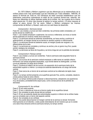 38
En 1973 Gilbert y McKern sugirieron que las diferencias en la metamorfosis de la
sínfisis púbica eran más acentuadas que las indicadas por Todd (Ubelaker, 1989:58). Al
aplicar la fórmula de Todd en 103 individuos de edad conocida establecieron que los
estándares masculinos sobrestiman la edad de las muestras femeni-nas. Además, las
fases son diferentes al utilizar distintas partes de la sínfisis. Así, las mujeres de la misma
edad aparen-tan 10 años más jóvenes al aplicar la rampa ventral y 10 años mayores al
utilizar el plano dorsal. Por tal razón, Gilbert y McKern emplearon los mismos
componentes de McKern y Stewart, cada uno con seis fases de desarrollo.
Componente I. Semicara dorsal
Fase 03. Las crestas y surcos son bien evidentes; las primeras están onduladas y el
borde dorsal es indefini-do.
Fase 1. Las crestas empiezan a aplanarse, los surcos a rellenarse; se inicia un borde
dorsal aplanado en el tercio medio de la semicara.
Fase 2. La semicara dorsal se extiende ventralmente, se hace ancha y continúa el
aplanamiento; el margen dorsal se ex-tiende en sentido superior e inferiormente.
Fase 3. La semicara dorsal es bastante suave; el margen puede ser angosto o no
diferenciarse de la cara.
Fase 4. La semicara es completa y continua; es ancha y de un grano muy fino; puede
exhibir vestigios de ondulado.
Fase 5. La semicara se llena de hoyuelos y se torna irregu-lar por la pérdida de densidad.
Componente II. Rampa ventral
Fase 0. Las crestas y surcos son evidentes. Toda la semicara está angulada hacia la
semicara dorsal.
Fase 1. Los surcos de la semicara ventral empiezan a relle-narse en sentido inferior,
formando una rampa angulada expandida, cuyo borde lateral es distinguible. La línea
curva se extiende a lo largo de la sínfisis.
Fase 2. Continúa el relleno de los surcos y la expansión de la semicara tanto de la
extremidad superior e inferior. La rampa se extiende lateralmente a lo largo del borde
ventral.
Fase 3. Casi cerca de un tercio de la semicara ventral se ha rellenado de tejido óseo
granular.
Fase 4. La rampa ventral presenta una superficie granular fina, ancha, completa, desde la
cresta púbica hasta la rama inferior.
Fase 5. La rampa ventral puede empezar a descomponerse, adoptando una apariencia
muy ahuecada y probablemente espon-josa, como consecuencia de la pérdida de
densidad.
Componente III. Aro sinfisial
Fase 0. El aro está ausente.
Fase 1. El aro o reborde se inicia en el tercio medio de la superficie dorsal.
Fase 2. Se completa la parte dorsal del aro sinfisial.
Fase 3. El aro se extiende desde las extremidades superior e inferior de la sínfisis hasta
que se completa casi un tercio del aspecto ventral.
Fase 4. Se completa el aro sinfisial.
Fase 5. Se puede descomponer el margen ventral de la semica-ra dorsal, formando
interrupciones en el reborde, o este puede redondearse de tal manera que ya no existe
una clara línea divisoria entre la semicara dorsal y la rampa ventral.
 