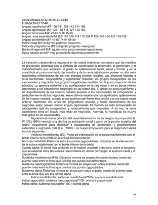 68
Altura orbitaria M 32-35 28-34 33-40
F 30-34 28-33 32-40
Angulo nasofrontal M/F 136-141 138-143 141-150
Angulo cigomaxilar M/F 125-130 116-127 130-150
Angulo facionasal M/F 25-40 0-18 15-28
Angulo rama ascendente M 125-140 100-118 112-124 F 129-146 104-121 116-128
Angulo del mentón M/F 49-66 74-91 66-80
Indice nasal M/F leptorrino platirrino mesorrino
Indice de prognatismo M/F ortognato prognato mesognato
Borde inf aper pirif M/F agudo-romo surco prenasal agudo-romo
Spina nasalis ant M/F muy prominente deprimida prominente
________________________________________________________________________
La variación craneométrica expuesta en las tablas anteriores demuestra que las medidas
de proyección obtenidas con el compás de coordinación o simómetro, el goniómetro y el
mandibulómetro que expresan el grado de aplanamiento facial, nasal y frontal, y en la
mandíbula el pronunciamiento del mentón y de la rama ascendente poseen un alto valor
diagnóstico diferenciador de los tres grandes troncos raciales. Las anchuras faciales a
nivel frontomalar, bicigomática y cigomaxilar delimitan los grupos mongoloides de los
caucasoides y negroides; los grupos mongoloi-des resaltan por la gran proyección de los
pómulos. La apertura piriforme y su configuración en la raíz nasal y en su borde inferior
diferencian a las poblaciones negroides de las restan-tes. El grado de pronunciamiento y
de angostamiento de los huesos nasales separan a los caucasoides de mongoloides y
particularmen-te de los negroides; estos últimos resaltan por un significativo aplanamiento
de los huesos nasales, aunado a una apertura peri-forme muy ancha y a una espina nasal
anterior deprimida. En virtud del prognatismo alveolar y facial característico de los
negroides estos poseen menor ángulo cigomaxilar. El mentón es más pronunciado en
caucasoides que en mongoloides y especialmente que negroides. A su vez, la rama
ascendente tiene un ángulo más recto en negroides. Además, la mandíbula es mucho
más grácil en los caucasoides.
Siguiendo el mismo principio del nivel diferenciador de los rasgos de proyección G.
W. Gill (1984) introdujo una técnica de estimación racial a partir de la porción superior del
rostro, inicialmente para distinguir a caucasoides de amerindios y posteriormente
extendible a negroides (Gill et al., 1986). Los rasgos propuestos para el diagnóstico racial
son los siguientes:
Anchura maxillofrontal (50). Punto de intersección de la sutura maxilofrontal con el
borde interno de la órbita en la cresta lacrimal anterior.
Anchura midorbital. Distancia entre los puntos zygoor-bitales, ubicados en la intersección
de la sutura maxilomalar con el borde inferior de la órbita.
Cuerda alpha. El punto más profundo en el maxilar izquierdo y derecho, sobre la tangente
que se extiende entre las suturas nasomxilares en donde convergen la apertura nasal y el
zygoorbitale.
Subtensa maxillofrontal (FS). Distancia mínima en proyección sobre el plano medio del
puente nasal entre la línea que une los dos puntos maxillofrontales.
Subtensa nasozygoorbital. Distancia mínima en proyec-ción sobre el plano medio del
puente nasal entre la línea que une los dos puntos zygoorbitales.
Subtensa alpha. Distancia mínima en proyección sobre el plano medio del puente nasal
entre la línea que une los puntos alpha.
Indice maxillofrontal: subtensa maxillofrontal*100 / anchura maxillofrontal
Indice zygoorbital: subtensa nasozygoorbital*100 / anchura zygoor-bital
Indice alpha: subtensa nasoalpha*100 / cuerda alpha
 