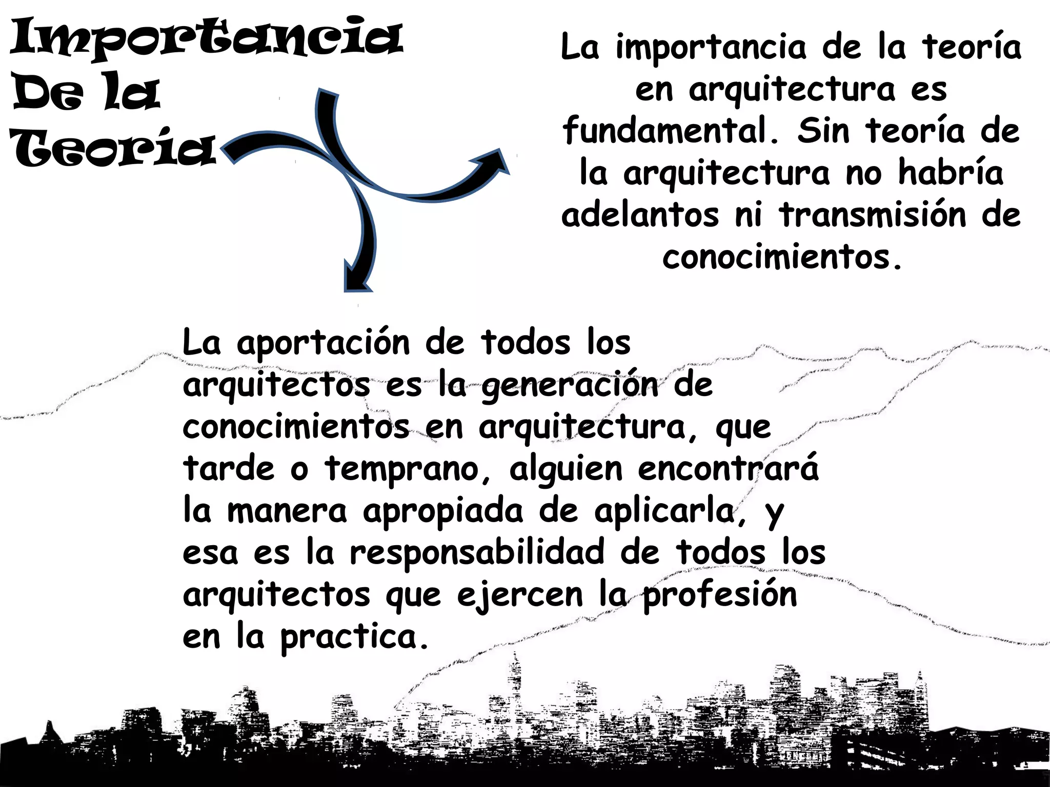 Importancia               La importancia de la teoría
De la                          en arquitectura es
                          fundamental. Sin teoría de
Teoría                     la arquitectura no habría
                          adelantos ni transmisión de
                                conocimientos.

    La aportación de todos los
    arquitectos es la generación de
    conocimientos en arquitectura, que
    tarde o temprano, alguien encontrará
    la manera apropiada de aplicarla, y
    esa es la responsabilidad de todos los
    arquitectos que ejercen la profesión
    en la practica.
 