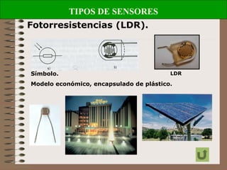 TIPOS DE SENSORES
Fotorresistencias (LDR).
Símbolo.
Modelo económico, encapsulado de plástico.
LDR
 