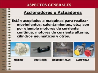 ASPECTOS GENERALES
Accionadores o Actuadores
Están acoplados a maquinas para realizar
movimientos, calentamientos, etc.; son
por ejemplo motores de corriente
continua, motores de corriente alterna,
cilindros neumáticos y otros.
MOTOR CILINDRO RESISTENCIAS LAMPARAS
 