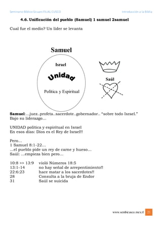 Seminario Bíblico Sicuani FILIAL CUSCO Introducción a la Biblia
www.sembicusco.mex.tl 21
4.6. Unificación del pueblo (Samuel) 1 samuel 2samuel
Cual fue el medio? Un líder se levanta
Samuel:…juez..profeta..sacerdote..gobernador.. “sobre todo Israel.”
Bajo su liderazgo…
UNIDAD política y espiritual en Israel
En esos días: Dios es el Rey de Israel!!
Pero…
1 Samuel 8:1-22…
…el pueblo pide un rey de carne y hueso…
Saúl: …empieza bien pero…
10:8 >> 13:9 violó Números 18:5
13:1-14 no hay señal de arrepentimiento!!
22:6:23 hace matar a los sacerdotes!!
28 Consulta a la bruja de Endor
31 Saúl se suicida
 