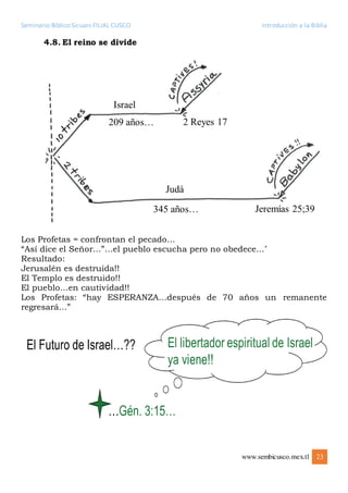 Seminario Bíblico Sicuani FILIAL CUSCO Introducción a la Biblia
www.sembicusco.mex.tl 23
4.8. El reino se divide
Los Profetas = confrontan el pecado…
“Así dice el Señor…”…el pueblo escucha pero no obedece…’
Resultado:
Jerusalén es destruida!!
El Templo es destruido!!
El pueblo…en cautividad!!
Los Profetas: “hay ESPERANZA…después de 70 años un remanente
regresará…”
 