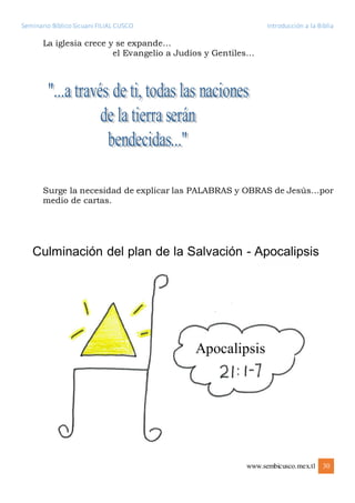 Seminario Bíblico Sicuani FILIAL CUSCO Introducción a la Biblia
www.sembicusco.mex.tl 30
La iglesia crece y se expande…
el Evangelio a Judíos y Gentiles…
Surge la necesidad de explicar las PALABRAS y OBRAS de Jesús…por
medio de cartas.
 