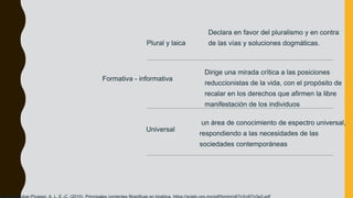 Declara en favor del pluralismo y en contra
de las vías y soluciones dogmáticas.
Formativa - informativa
Dirige una mirada crítica a las posiciones
reduccionistas de la vida, con el propósito de
recalar en los derechos que afirmen la libre
manifestación de los individuos
Plural y laica
Universal
un área de conocimiento de espectro universal,
respondiendo a las necesidades de las
sociedades contemporáneas
 