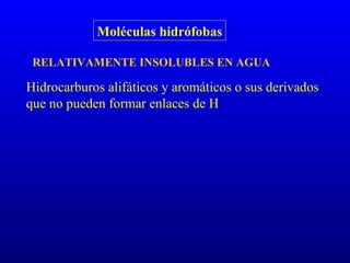 Moléculas hidrófobas RELATIVAMENTE INSOLUBLES EN AGUA Hidrocarburos alifáticos y aromáticos o sus derivados que no pueden formar enlaces de H 