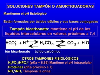 SOLUCIONES TAMPÓN O AMORTIGUADORAS Mantienen el pH fisiológico Están formados por ácidos débiles y sus bases conjugadas Tampón bicarbonato:  mantiene el pH de los líquidos intercelulares en valores próximos a 7,4   OTROS TAMPONES FISIOLÓGICOS H 2 PO 4 - /HPO 4 2-  (pKa = 6,86) Mantiene el pH intracelular Proteínas  (pKa próximo a 7) NH 4 + /NH 3   Tampona la orina ión bicarbonato  ácido carbónico 