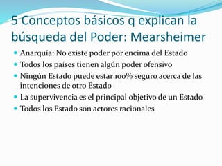 5 Conceptos básicos q explican la
búsqueda del Poder: Mearsheimer
 Anarquía: No existe poder por encima del Estado
 Todos los países tienen algún poder ofensivo
 Ningún Estado puede estar 100% seguro acerca de las
intenciones de otro Estado
 La supervivencia es el principal objetivo de un Estado
 Todos los Estado son actores racionales
 