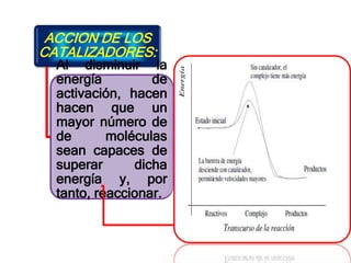 ACCION DE LOS
CATALIZADORES:
Al disminuir la
energía de
activación, hacen
hacen que un
mayor número de
de moléculas
sean capaces de
superar dicha
energía y, por
tanto, reaccionar.
 
