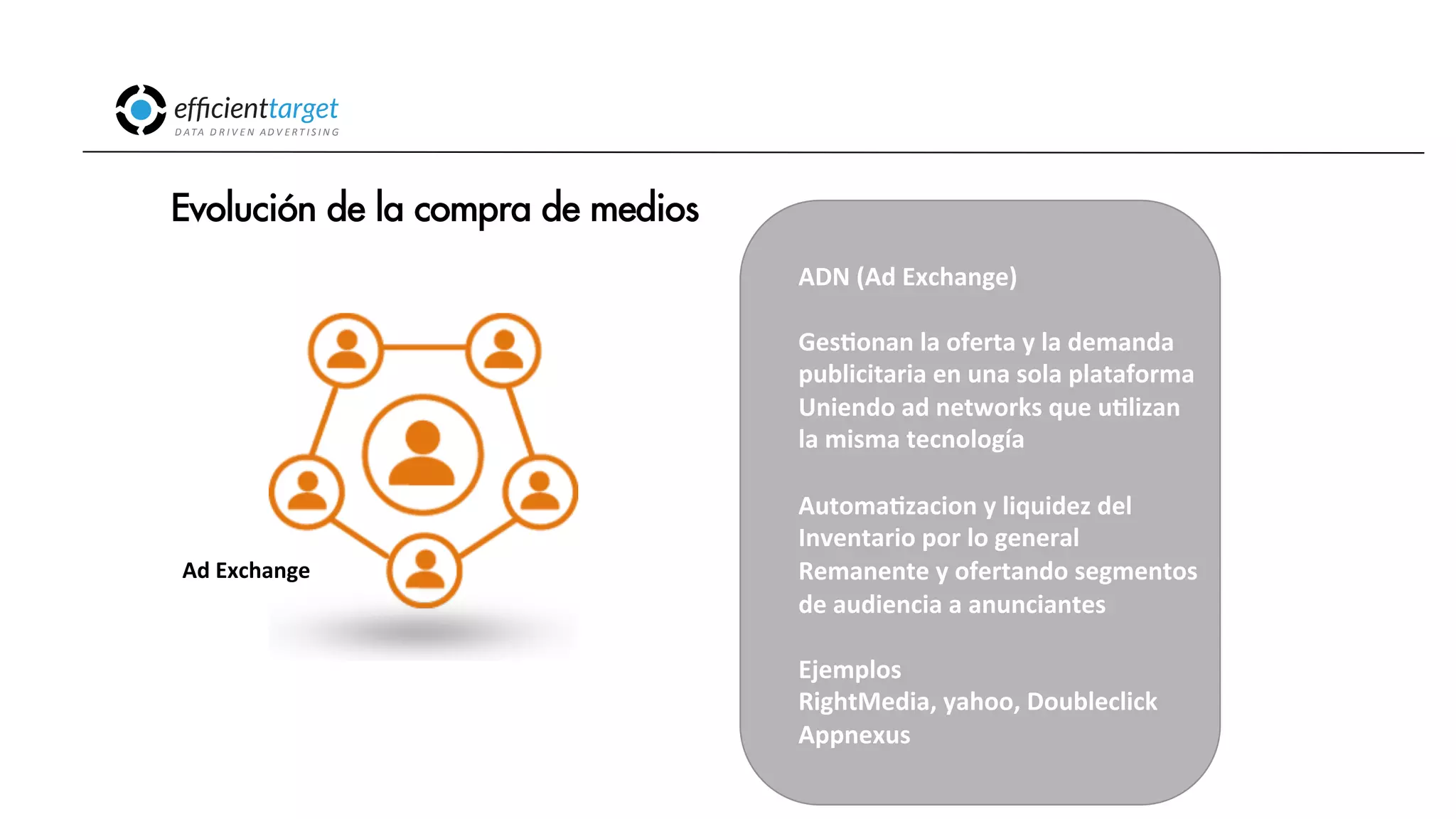 CAMPAÑAS
INVERSIÓND ATA
D R I V E N
AD V E R T I S I N G
Evolución de la compra de medios
Ad
Exchange
ADN
(Ad
Exchange)
GesConan
la
oferta
y
la
demanda
publicitaria
en
una
sola
plataforma
Uniendo
ad
networks
que
uClizan
la
misma
tecnología
AutomaCzacion
y
liquidez
del
Inventario
por
lo
general
Remanente
y
ofertando
segmentos
de
audiencia
a
anunciantes
Ejemplos
RightMedia,
yahoo,
Doubleclick
Appnexus