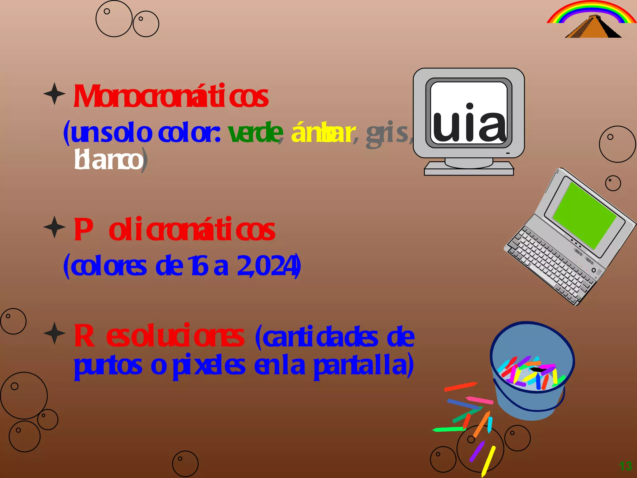 Monocromáticos   (un solo color:   verde ,   ámbar ,   gris,   blanco ) Policromáticos   (colores de 16 a 2,024) Resoluciones   (cantidades de puntos o pixeles en la pantalla) 13 uia 