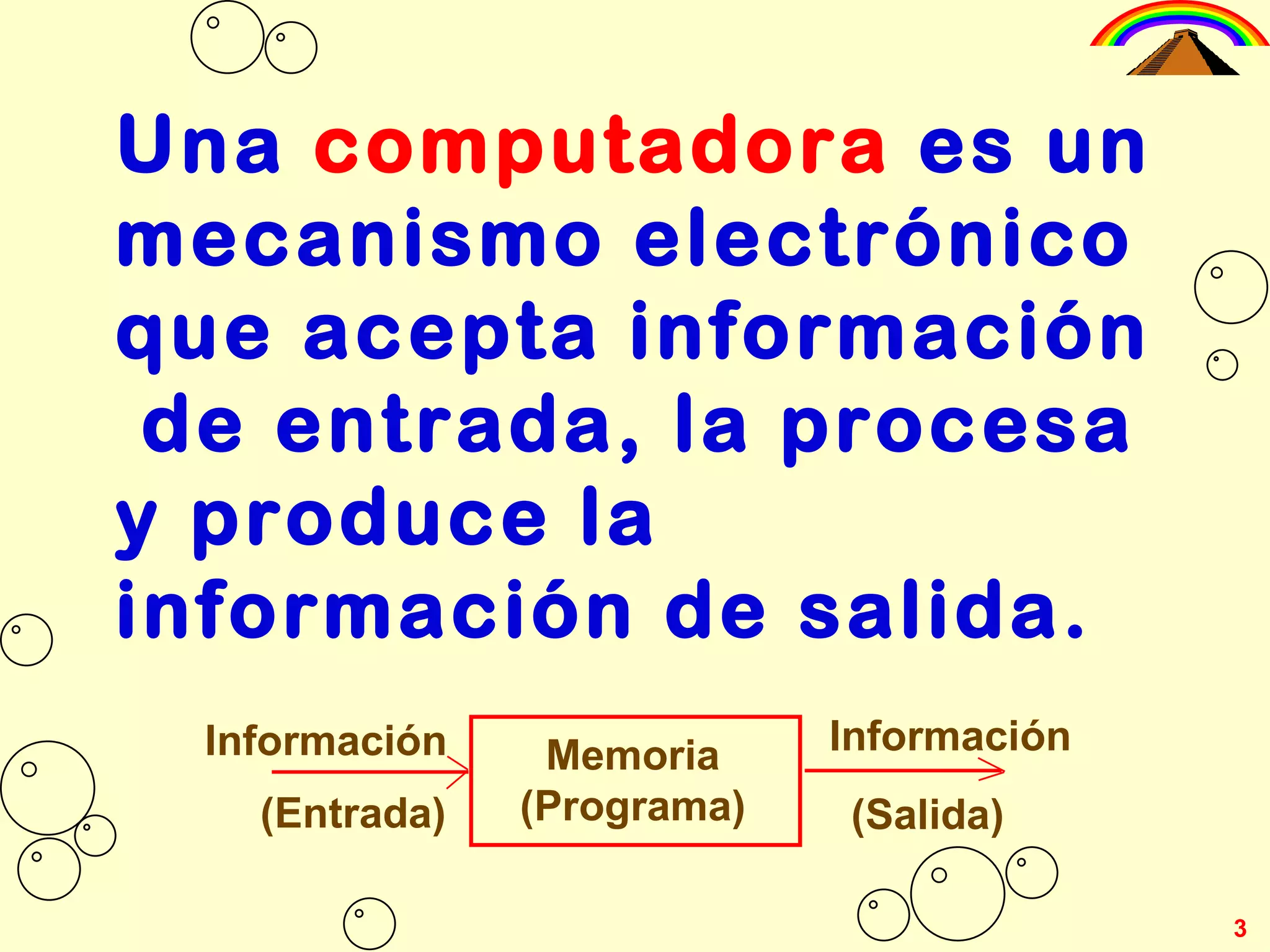 Una  computadora  es un mecanismo electrónico que acepta información  de entrada, la procesa y produce la información de salida. 3 Memoria (Programa) Información (Salida) (Entrada) Información 