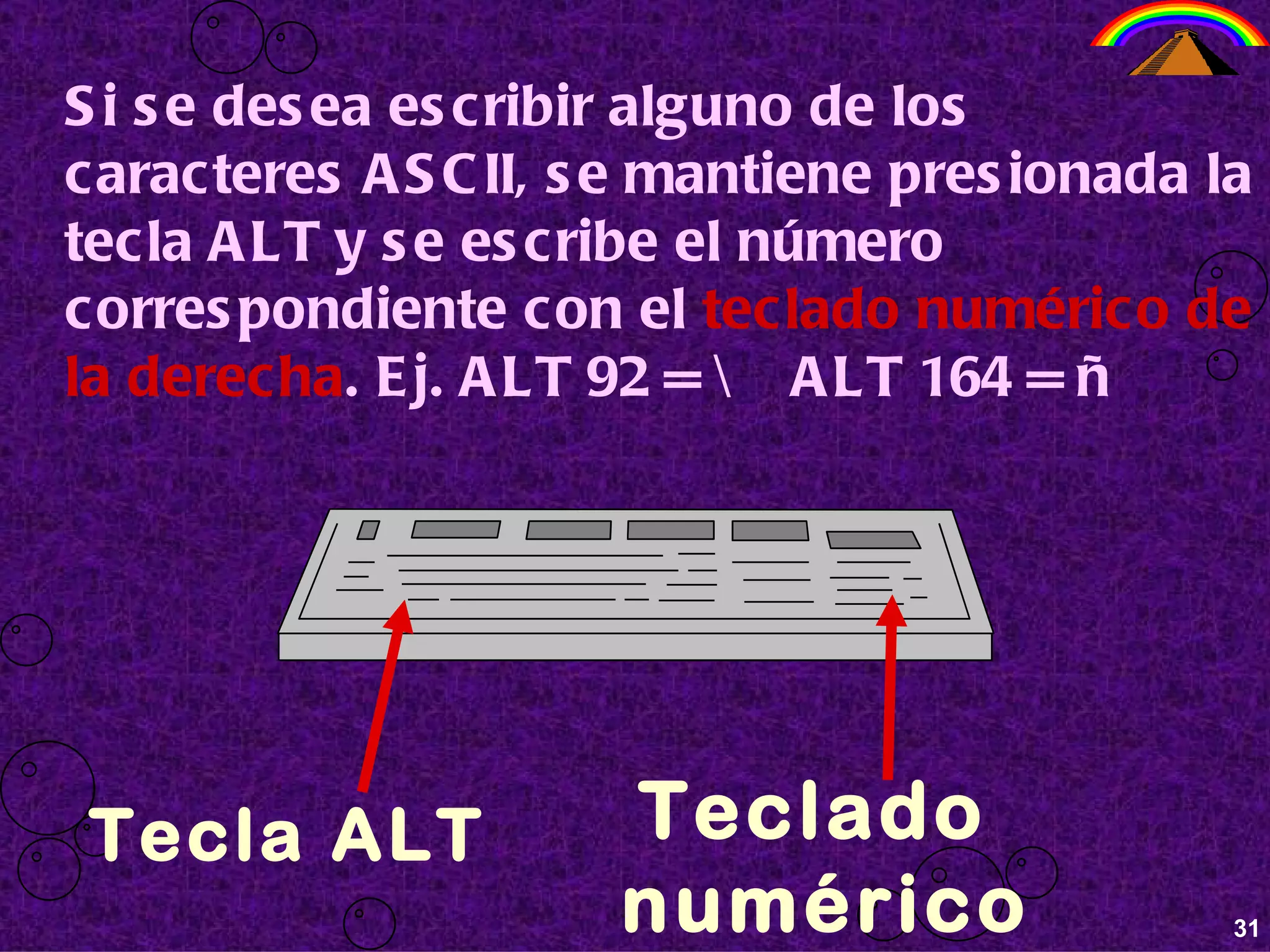 Si se desea escribir alguno de los caracteres ASCII, se mantiene presionada la tecla ALT y se escribe el número correspondiente con el  teclado numérico de la derecha . Ej. ALT 92 = \  ALT 164 = ñ  Tecla ALT Teclado  numérico 31 