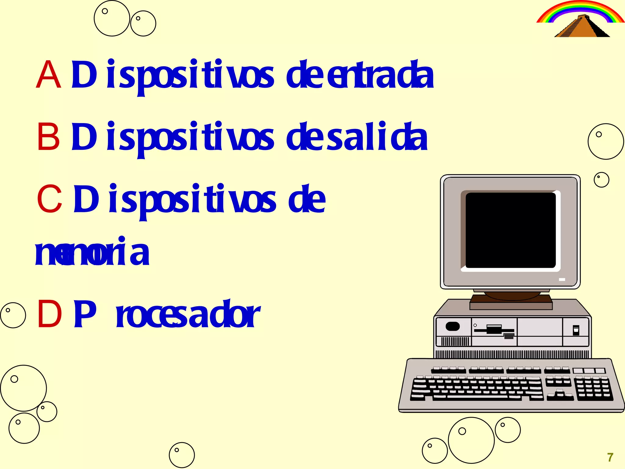 Dispositivos de entrada Dispositivos de salida Dispositivos de memoria Procesador 7 