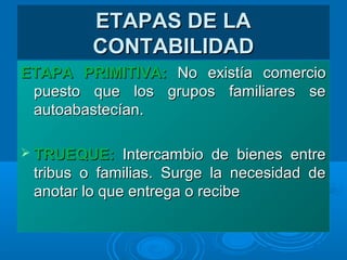 ETAPAS DE LAETAPAS DE LA
CONTABILIDADCONTABILIDAD
ETAPA PRIMITIVA:ETAPA PRIMITIVA: No existía comercioNo existía comercio
puesto que los grupos familiares sepuesto que los grupos familiares se
autoabastecían.autoabastecían.
 TRUEQUE:TRUEQUE: Intercambio de bienes entreIntercambio de bienes entre
tribus o familias. Surge la necesidad detribus o familias. Surge la necesidad de
anotar lo que entrega o recibeanotar lo que entrega o recibe
 