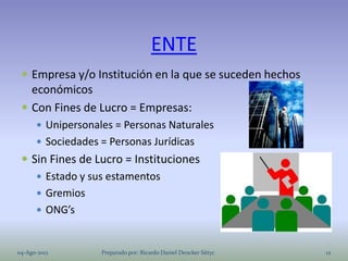 ENTE
  Empresa y/o Institución en la que se suceden hechos
   económicos
  Con Fines de Lucro = Empresas:
       Unipersonales = Personas Naturales
       Sociedades = Personas Jurídicas
  Sin Fines de Lucro = Instituciones
     Estado y sus estamentos
     Gremios
     ONG’s



04-Ago-2012        Preparado por: Ricardo Daniel Dencker Sittyc   12
 
