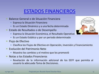 ESTADOS FINANCIEROS
  Balance General o de Situación Financiera
     Expresa la Situación Financiera
     Es un Estado Dinámico y a una fecha determinada
  Estado de Resultados o de Desempeño
     Expresa la Situación Económica, el Resultado Operativo
     Es un Estado Estático y por un periodo determinado
  Flujo de Efectivo
     Clasifica los Flujos de Efectivo en Operación, Inversión y Financiamiento
  Evolución del Patrimonio Neto
     Muestra los cambios y el motivo que los promovió
  Notas a los Estados Financieros
     Revelación de la información adicional de los EEFF que permita al
      usuario la adecuada Toma de Decisiones.

04-Ago-2012          Preparado por: Ricardo Daniel Dencker Sittyc             13
 