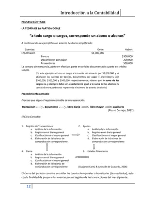 Introducción a la Contabilidad
12
PROCESO CONTABLE
LA TEORÍA DE LA PARTIDA DOBLE
“a todo cargo o cargos, corresponde un abono o abonos”
A continuación se ejemplifica un asiento de diario simplificado:
Cuentas: Debe: Haber:
(2) Almacén $1,000,000
Bancos $300,000
Documentos por pagar 200,000
Proveedores 500,000
La compra de mercancía, parte en efectivo, parte en crédito documentado y parte en crédito
simple.
(En este ejemplo se hizo un cargo a la cuenta de almacén por $1,000,000 y se
abonaron las cuentas de bancos, documentos por pagar y proveedores, por
$300,000, $200,000 y $500,000 respectivamente; nótese que la suma de los
cargos es, y siempre debe ser, exactamente igual a la suma de los abonos; la
cantidad entre paréntesis representa el número de asiento de diario)
Procedimiento contable
Proceso que sigue el registro contable de una operación:
transacción documento libro diario libro mayor auxiliares
(Picazo Cornejo, 2012)
El Ciclo Contable:
1. Registro de Transacciones
a. Análisis de la información
b. Registro en el diario general
c. Clasificación en el mayor general
d. Elaboración de la balanza de
comprobación correspondiente
2. Ajustes
a. Análisis de la información
b. Registro en el diario general
c. Clasificación en el mayor general
d. Elaboración de la balanza de
comprobación correspondiente
4. Cierre
a. Análisis de la información
b. Registro en el diario general
c. Clasificación en el mayor general
d. Elaboración de la balanza de
comprobación correspondiente
3. Estados Financieros
(Guajardo Cantú & Andrade de Guajardo, 2008)
El cierre del periodo consiste en saldar las cuentas temporales o transitorias (de resultados), esto
con la finalidad de preparar las cuentas para el registro de las transacciones del mes siguiente.
 