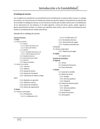 Introducción a la Contabilidad
22
El Catálogo de Cuentas
Con el objetivo de estandarizar los procedimientos de contabilización la empresa debe manejar un catálogo
de cuentas y un instructivo para el manejo de cuentas que permita registrar correctamente las operaciones
de la entidad. El catálogo de cuentas: es una lista de las cuentas que se deben utilizar para la contabilización
de las operaciones de una empresa, en el orden siguiente: cuentas de activo, pasivo, capital, ingresos y
gastos; generalmente incluyen un número que identifica cada cuenta y que se utiliza principalmente para
facilitar la contabilización por medios electrónicos.
Ejemplo de un catálogo de cuentas:
Cuentas de balance:
1. Activo
1.1. Activo circulante:
1.1.1. Bancos
1.1.1.1. Banco del Centro, S.A.
1.1.1.2. Banco del Pacífico
1.1.2. Clientes
1.1.2.1. Compañía Americana, S.A.
1.1.2.1. Instituto María José, A.C.
1.1.3. Deudores diversos
1.1.4. Documentos por cobrar
1.1.5. Almacén
1.1.6. Pagos anticipados
1.2. Activo no circulante
1.2.1. Terrenos
1.2.2. Edificios
1.2.3. Equipo de oficina
1.2.4. Equipo de transporte
1.2.5. Inversiones en valores a largo
plazo
1.2.6. Depósitos en garantía
1.2.7. Patentes y marcas
1.2.8. Gastos de instalación
1.2.9. Gastos de organización
2. Pasivo
2.1. Pasivo a corto plazo
2.1.1. Proveedores
2.1.1.1. La Mexicana, S.A.
2.1.1.2. El Fabricante, S.A.
2.1.2. Acreedores diversos
2.1.3. Documentos por pagar
2.1.4. Productos cobrados por
anticipado
2.2. Pasivo a largo plazo
2.2.1. Hipotecas por pagar
3. Capital
3.1. Capital social
Cuentas de resultados:
4. Ingresos
4.1. Ventas
4.2. Productos financieros
4.3. Otros productos
5. Gastos
5.1. Costo de lo vendido
5.2. Gastos de ventas
5.2.1. Sueldos
5.2.2. Servicios públicos
5.2.3. Papelería
5.3. Gastos de administración
5.3.1. Sueldos
5.3.2. Servicios públicos
5.3.3. Papelería
5.4. Gastos financieros
5.5. Otros gastos
 