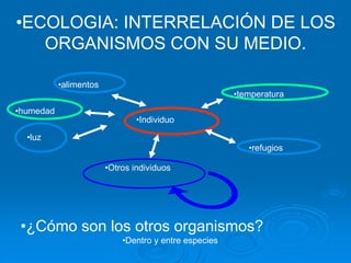 •ECOLOGIA: INTERRELACIÓN DE LOS
ORGANISMOS CON SU MEDIO.
•temperatura
•humedad
•alimentos
•refugios
•luz
•Individuo
•Otros individuos
•¿Cómo son los otros organismos?
•Dentro y entre especies
 