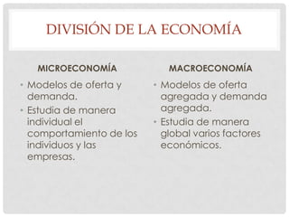 DIVISIÓN DE LA ECONOMÍA
MICROECONOMÍA

MACROECONOMÍA

• Modelos de oferta y
demanda.
• Estudia de manera
individual el
comportamiento de los
individuos y las
empresas.

• Modelos de oferta
agregada y demanda
agregada.
• Estudia de manera
global varios factores
económicos.

 