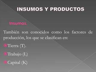 INSUMOS Y PRODUCTOSInsumos.Son los bienes y servicios que se utilizan para producir bs. o ss. 