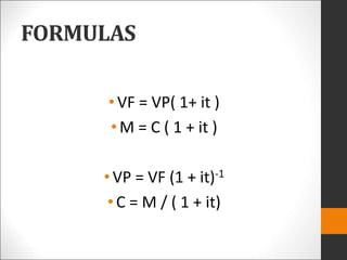 FORMULAS
•VF = VP( 1+ it )
•M = C ( 1 + it )
• VP = VF (1 + it)-1
• C = M / ( 1 + it)
 