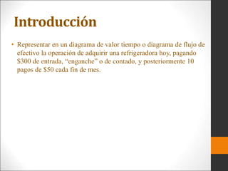 Introducción
• Representar en un diagrama de valor tiempo o diagrama de flujo de
efectivo la operación de adquirir una refrigeradora hoy, pagando
$300 de entrada, “enganche” o de contado, y posteriormente 10
pagos de $50 cada fin de mes.
 