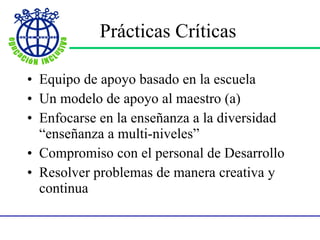 Pr á cticas Cr í ticas Equipo de apoyo basado en la escuela Un modelo de apoyo al maestro (a) Enfocarse en la enseñanza a la diversidad “enseñanza a multi-niveles” Compromiso con el personal de Desarrollo Resolver problemas de manera creativa y continua 