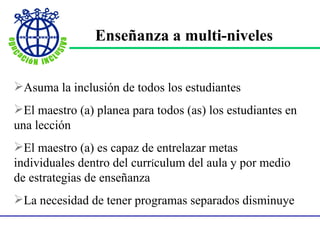 Asuma la inclusión de todos los estudiantes El maestro (a) planea para todos (as) los estudiantes en una lección El maestro (a) es capaz de entrelazar metas individuales dentro del curr í culum del aula y por medio de estrategias de enseñanza La necesidad de tener programas separados disminuye Enseñanza a multi-niveles 