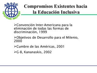 Compromisos Existentes hacia la Educación Inclusiva Convención Inter-Americana para la eliminación de todas las formas de discriminación, 1999 Objetivos de Desarrollo para el Milenio, 2000 Cumbre de las Américas, 2001 G-8, Kananaskis, 2002 