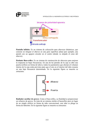 INTRODUCCIÓN A LA INGENIERÍA ELECTRÓNICA Y MECATRÓNICA
113
Pantalla infinita: Es un sistema de colocación para altavoces dinámicos, que
consiste en integrar el altavoz en una gran superficie plana (por ejemplo, una
pared) con un agujero circular en el centro (donde va alojado el cono del
altavoz).
Parlante Bass-reflex: Es un sistema de construcción de altavoces para mejorar
la respuesta en bajas frecuencias. En una de las paredes de la caja se abre una
puerta (orificio en forma de tubo) y todos los parámetros que afectan al volumen
interno de la caja están previstos para que el aire en el interior del tubo resuene
en una baja frecuencia determinada. En la siguiente figura se muestra su
estructura:
Radiador auxiliar de graves. Como el bass-reflex, su finalidad es proporcionar
un refuerzo de graves. Se trata de un sistema similar al bassreflex pero en lugar
de un simple orificio en forma de tubo convencional, este tubo se pliega en
forma de laberinto. En la siguiente figura se muestra su estructura:
 