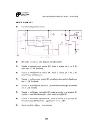 INTRODUCCIÓN A LA INGENIERÍA ELECTRÓNICA Y MECATRÓNICA
123
PROCEDIMIENTO:
1) Ensamble el siguiente circuito:
LED
2N2222
+
LDR
-
R
150K
T = 1.1 R C
C
100uF
10K
1K
1N4148
RELE
3
5
4
1
2
12 V
10K
0.1uF
NE555
2
5
3
7
6
4
81
TR
CV
Q
DIS
THR
R
VCCGND
2) Revise las conexiones antes de encender la fuente DC
3) Usando el multímetro en tensión DC, mida la tensión en el pin 2 del
timer, con el LDR iluminado.
4) Usando el multímetro en tensión DC, mida la tensión en el pin 2 del
timer. Con el LDR cubierto.
5) Usando el multímetro en tensión DC, mida la tensión en el pin 3 del timer
con el LDR iluminado.
6) Usando el multímetro en tensión DC, mida la tensión en el pin 3 del timer
con el LDR cubierto.
7) Usando el multímetro en tensión DC, mida la tensión en el colector del
transistor con el LDR iluminado. ¿Qué sucede con el LED?
8) Usando el multímetro en tensión DC, mida la tensión en el colector del
transistor con el LDR cubierto. ¿Qué sucede con el LED?
9) Anote sus observaciones y conclusiones.
 