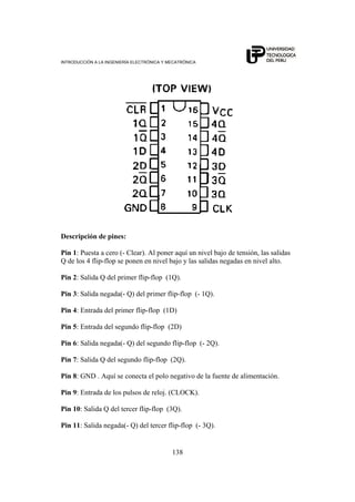 INTRODUCCIÓN A LA INGENIERÍA ELECTRÓNICA Y MECATRÓNICA
138
Descripción de pines:
Pin 1: Puesta a cero (- Clear). Al poner aquí un nivel bajo de tensión, las salidas
Q de los 4 flip-flop se ponen en nivel bajo y las salidas negadas en nivel alto.
Pin 2: Salida Q del primer flip-flop (1Q).
Pin 3: Salida negada(- Q) del primer flip-flop (- 1Q).
Pin 4: Entrada del primer flip-flop (1D)
Pin 5: Entrada del segundo flip-flop (2D)
Pin 6: Salida negada(- Q) del segundo flip-flop (- 2Q).
Pin 7: Salida Q del segundo flip-flop (2Q).
Pin 8: GND . Aquí se conecta el polo negativo de la fuente de alimentación.
Pin 9: Entrada de los pulsos de reloj. (CLOCK).
Pin 10: Salida Q del tercer flip-flop (3Q).
Pin 11: Salida negada(- Q) del tercer flip-flop (- 3Q).
 